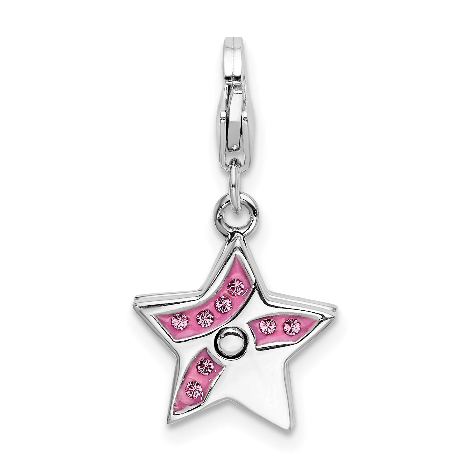 Sterling Silver Amore La Vita Rhodium-Plated Polished Reversible Pink Crystal From Swarovski Star Charm With Fancy Lobster Clasp