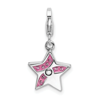Sterling Silver Amore La Vita Rhodium-Plated Polished Reversible Pink Crystal From Swarovski Star Charm With Fancy Lobster Clasp