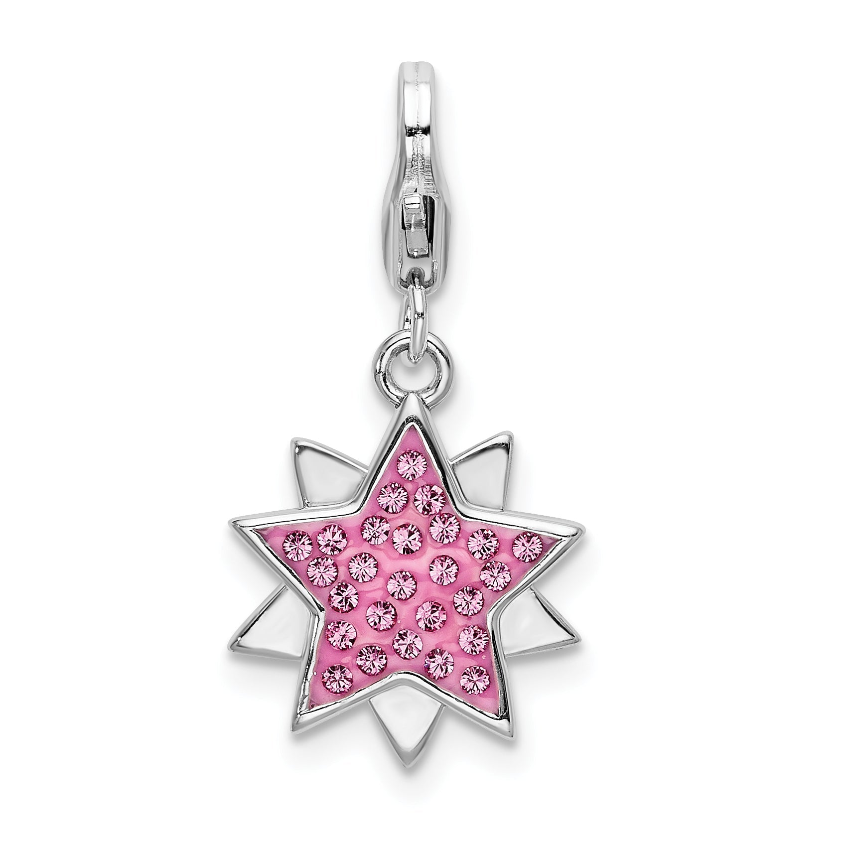 Sterling Silver Amore La Vita Rhodium-Plated Polished Reversible Pink Crystal From Swarovski Star Charm With Fancy Lobster Clasp