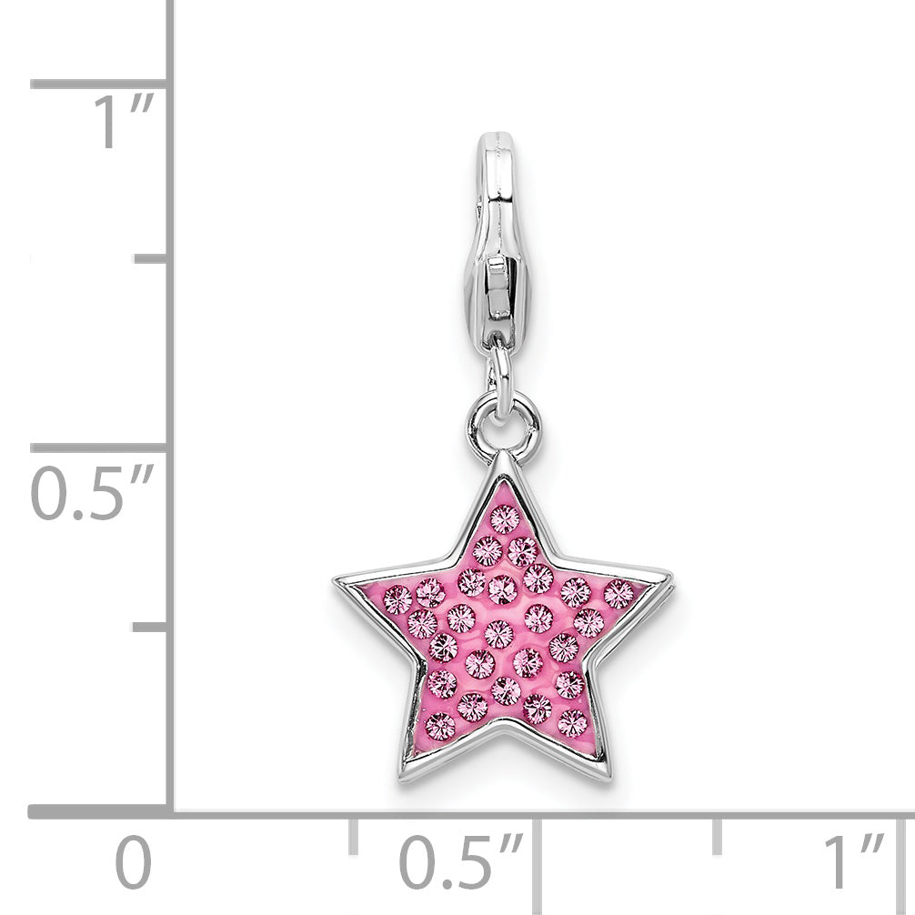 Sterling Silver Amore La Vita Rhodium-Plated Polished Reversible Pink Crystal From Swarovski Star Charm With Fancy Lobster Clasp