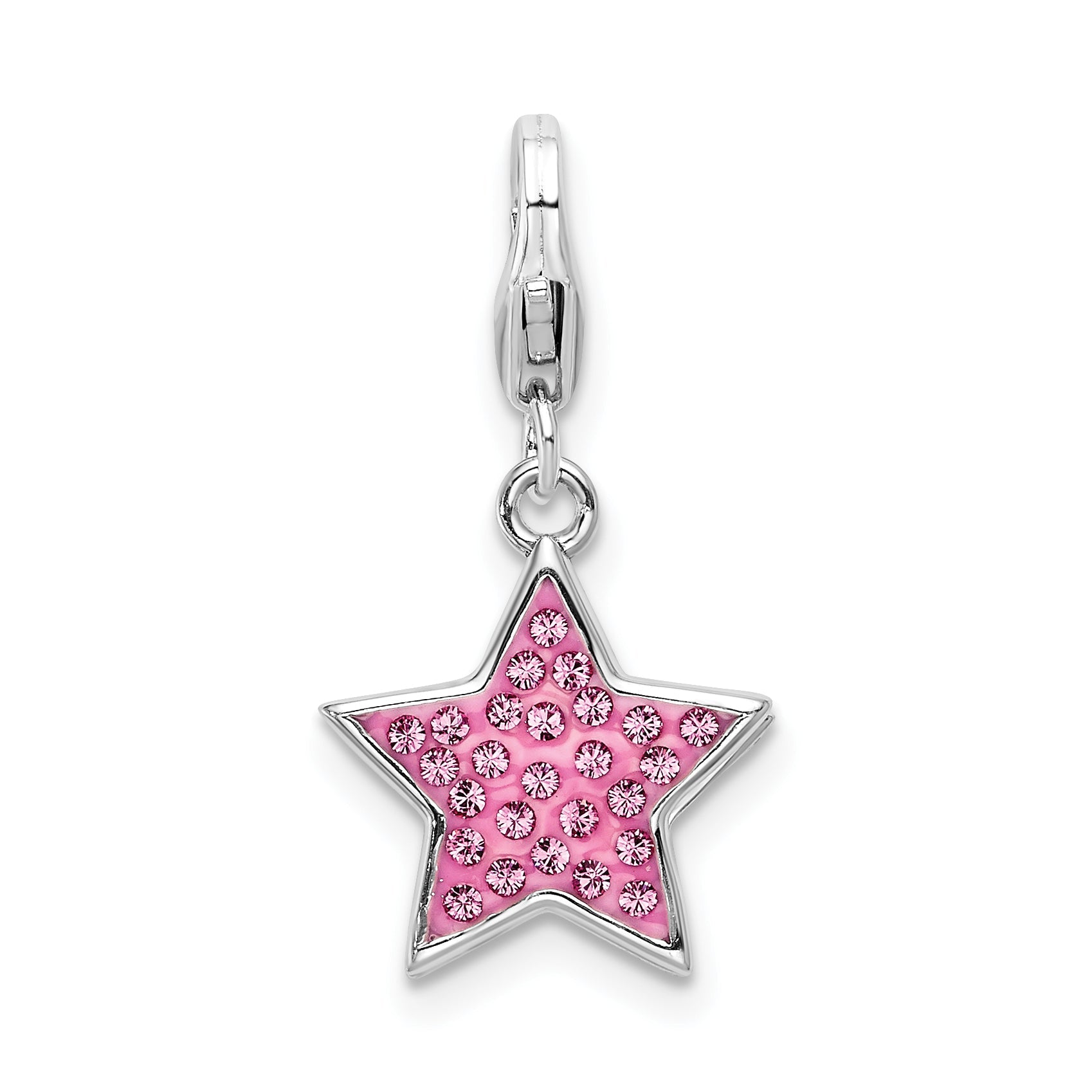 Sterling Silver Amore La Vita Rhodium-Plated Polished Reversible Pink Crystal From Swarovski Star Charm With Fancy Lobster Clasp