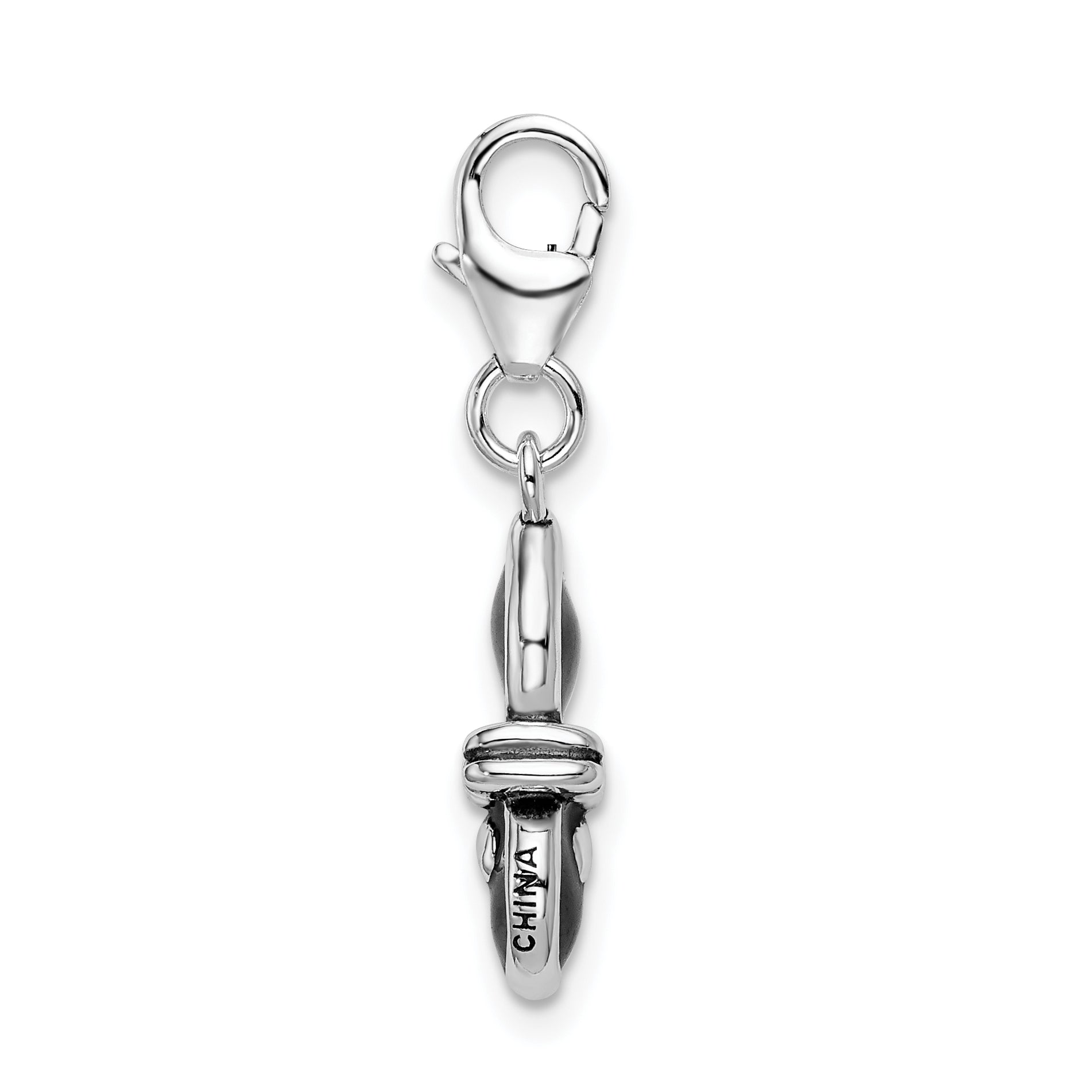 Sterling Silver Amore La Vita Rhodium-Plated Polished 3-D Black Enameled Cat Charm With Fancy Lobster Clasp