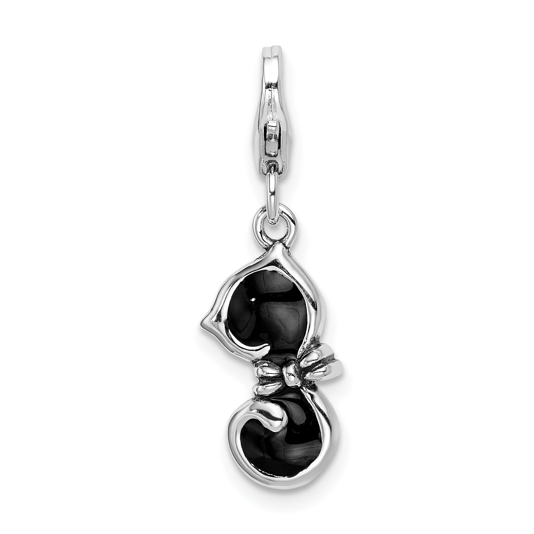 Sterling Silver Amore La Vita Rhodium-Plated Polished 3-D Black Enameled Cat Charm With Fancy Lobster Clasp