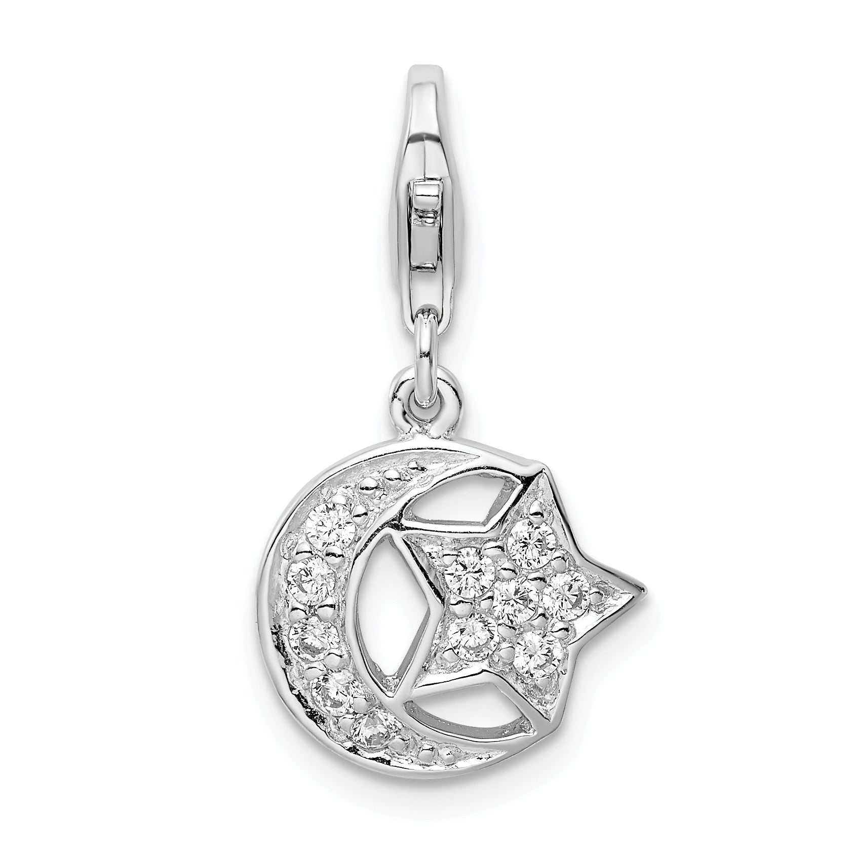 Sterling Silver Amore La Vita Rhodium-Plated Polished Cz Moon And Star Charm With Fancy Lobster Clasp