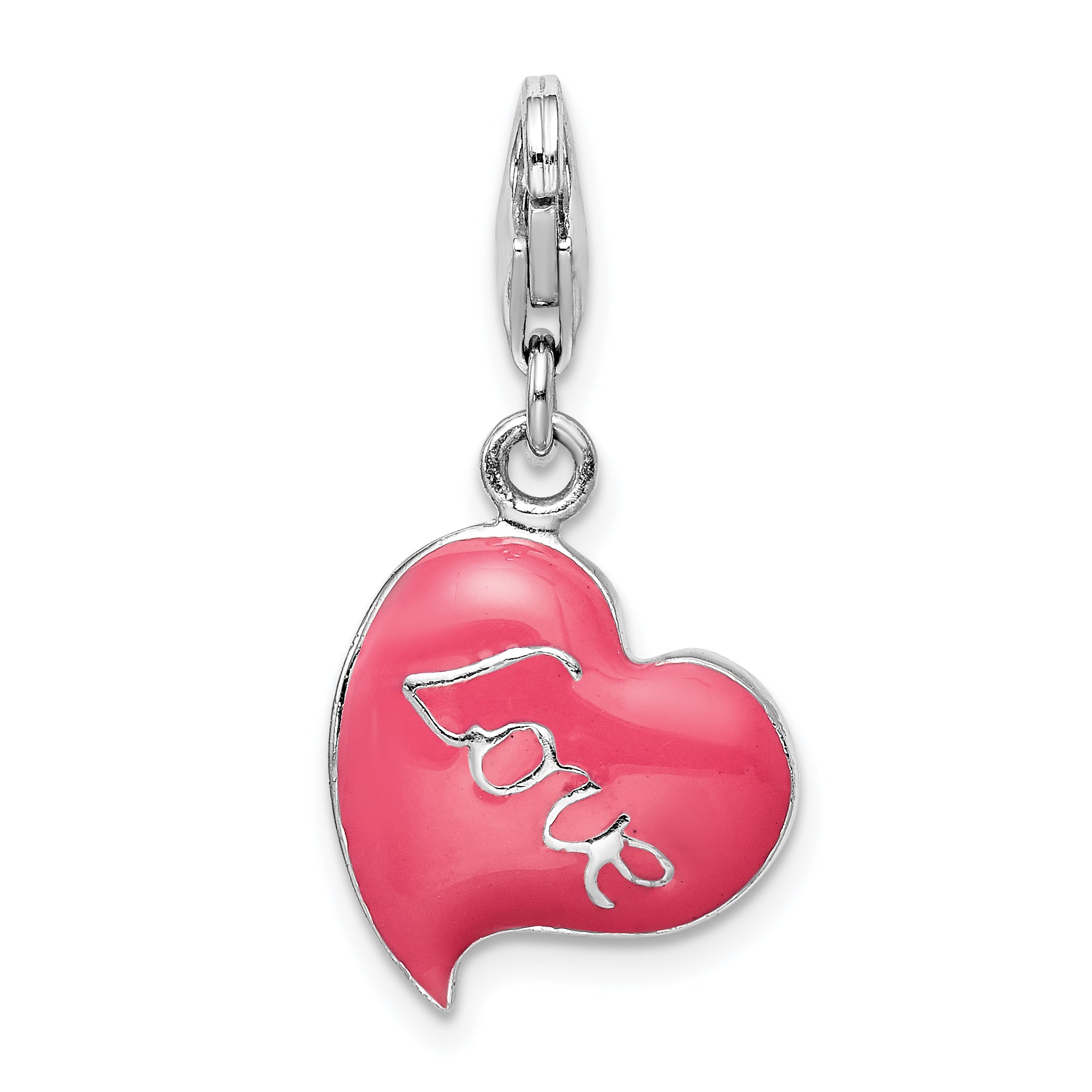 Sterling Silver Amore La Vita Rhodium-Plated Polished 3-D Pink Enameled Love Heart Charm With Fancy Lobster Clasp