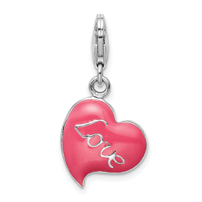 Sterling Silver Amore La Vita Rhodium-Plated Polished 3-D Pink Enameled Love Heart Charm With Fancy Lobster Clasp