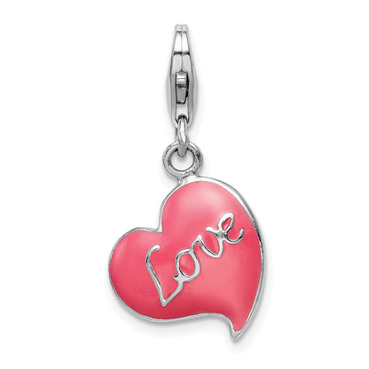Sterling Silver Amore La Vita Rhodium-Plated Polished 3-D Pink Enameled Love Heart Charm With Fancy Lobster Clasp