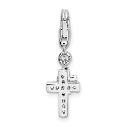 Sterling Silver Amore La Vita Rhodium-Plated Polished Cz Two Cross Charm With Fancy Lobster Clasp
