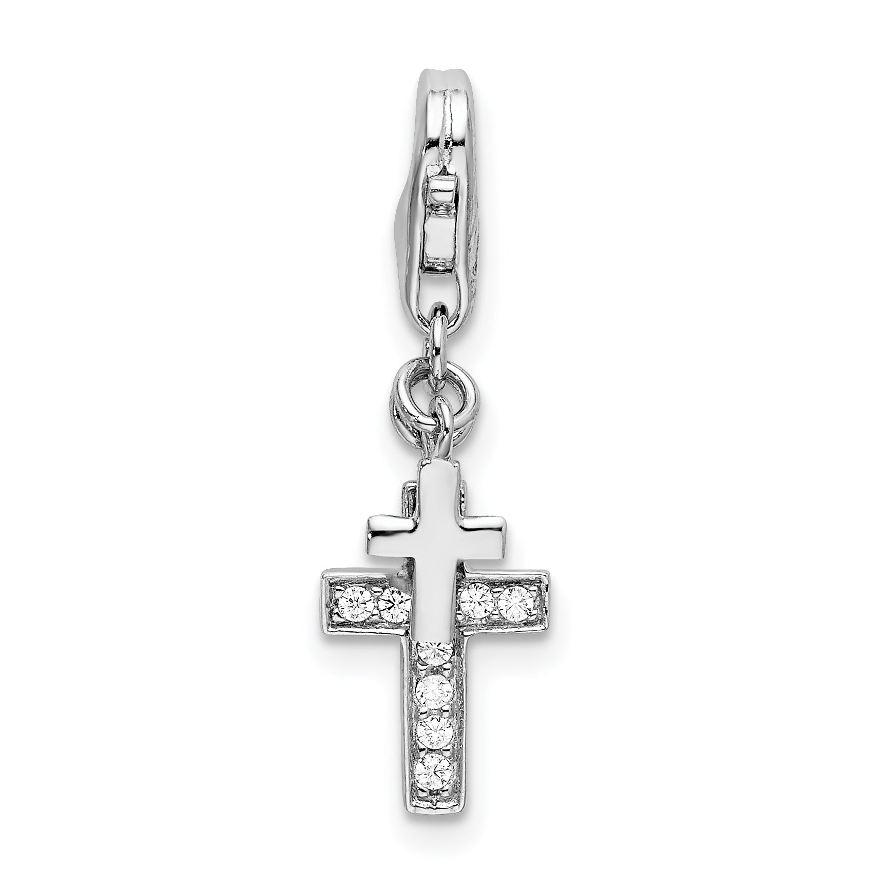 Sterling Silver Amore La Vita Rhodium-Plated Polished Cz Two Cross Charm With Fancy Lobster Clasp
