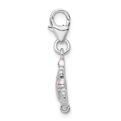 Sterling Silver Amore La Vita Rhodium-Plated Polished Pink Cz Enameled Princess Charm With Fancy Lobster Clasp