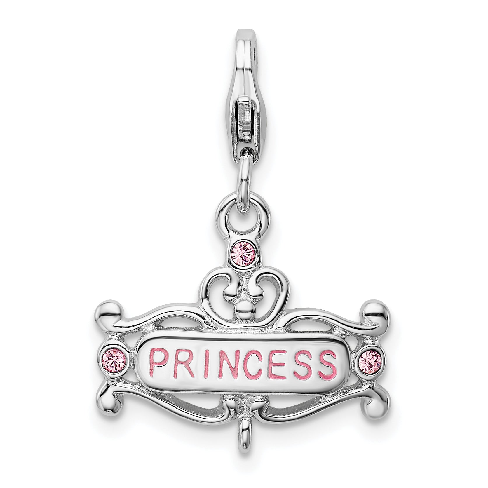 Sterling Silver Amore La Vita Rhodium-Plated Polished Pink Cz Enameled Princess Charm With Fancy Lobster Clasp