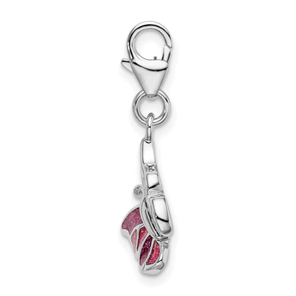 Sterling Silver Amore La Vita Rhodium-Plated Polished Pink And White Enameled Butterfly Charm With Fancy Lobster Clasp