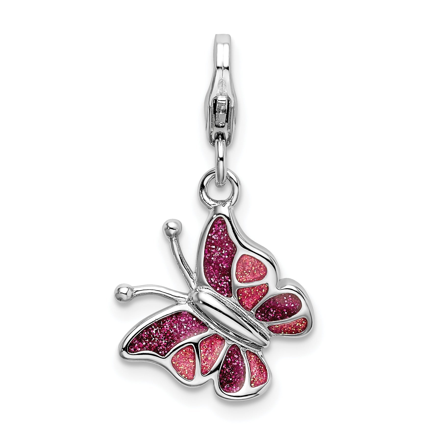Sterling Silver Amore La Vita Rhodium-Plated Polished Pink And White Enameled Butterfly Charm With Fancy Lobster Clasp