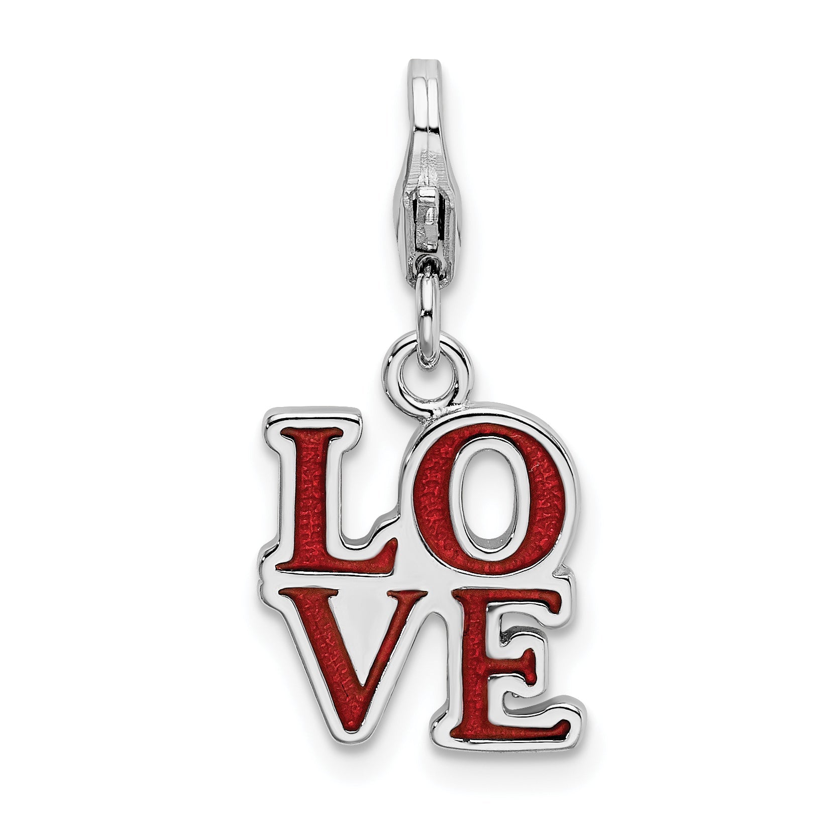 Sterling Silver Amore La Vita Rhodium-Plated Polished Red Enameled Love Charm With Fancy Lobster Clasp