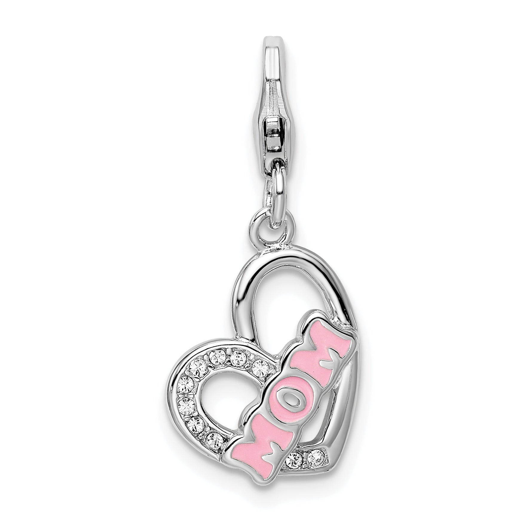 Sterling Silver Amore La Vita Rhodium-Plated Polished Enameled With Crystal From Swarovski Mom Heart Charm Fancy Lobster Clasp