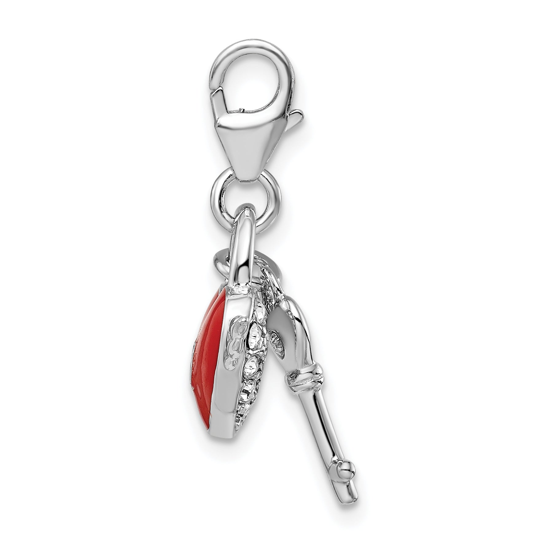 Sterling Silver Amore La Vita Rhodium-Plated Polished Reversible Red Enameled Winged Heart And Key With Crystal From Swarovski Charm Fancy Lobster Clasp