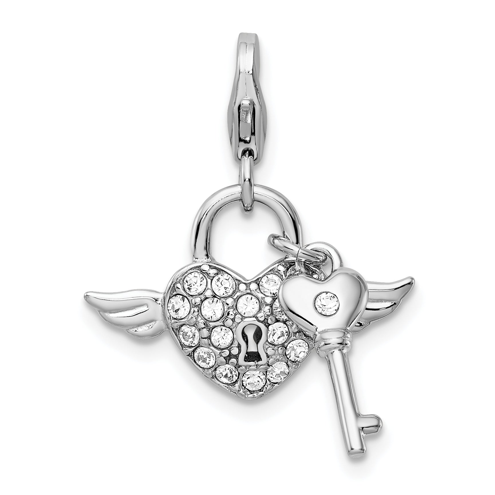 Sterling Silver Amore La Vita Rhodium-Plated Polished Reversible Red Enameled Winged Heart And Key With Crystal From Swarovski Charm Fancy Lobster Clasp