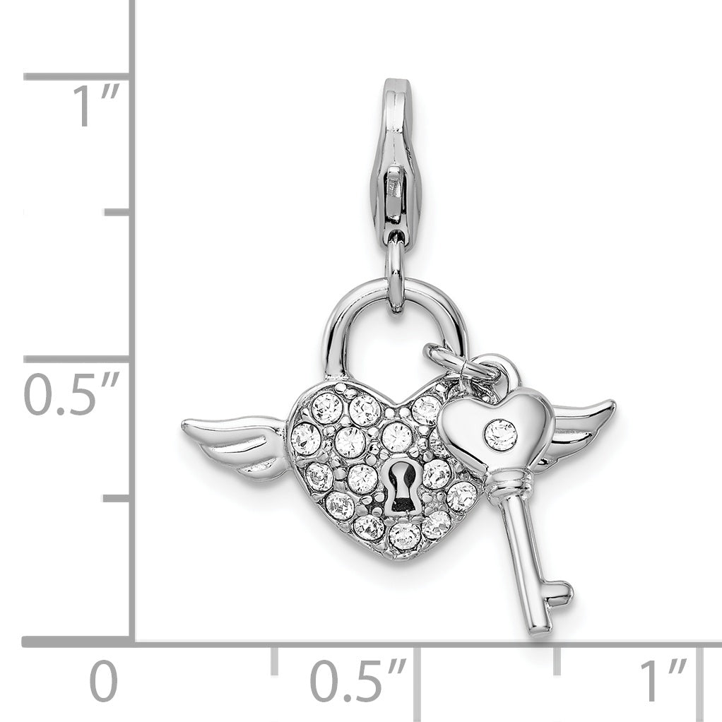 Sterling Silver Amore La Vita Rhodium-Plated Polished Reversible Red Enameled Winged Heart And Key With Crystal From Swarovski Charm Fancy Lobster Clasp