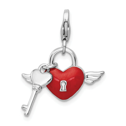 Sterling Silver Amore La Vita Rhodium-Plated Polished Reversible Red Enameled Winged Heart And Key With Crystal From Swarovski Charm Fancy Lobster Clasp