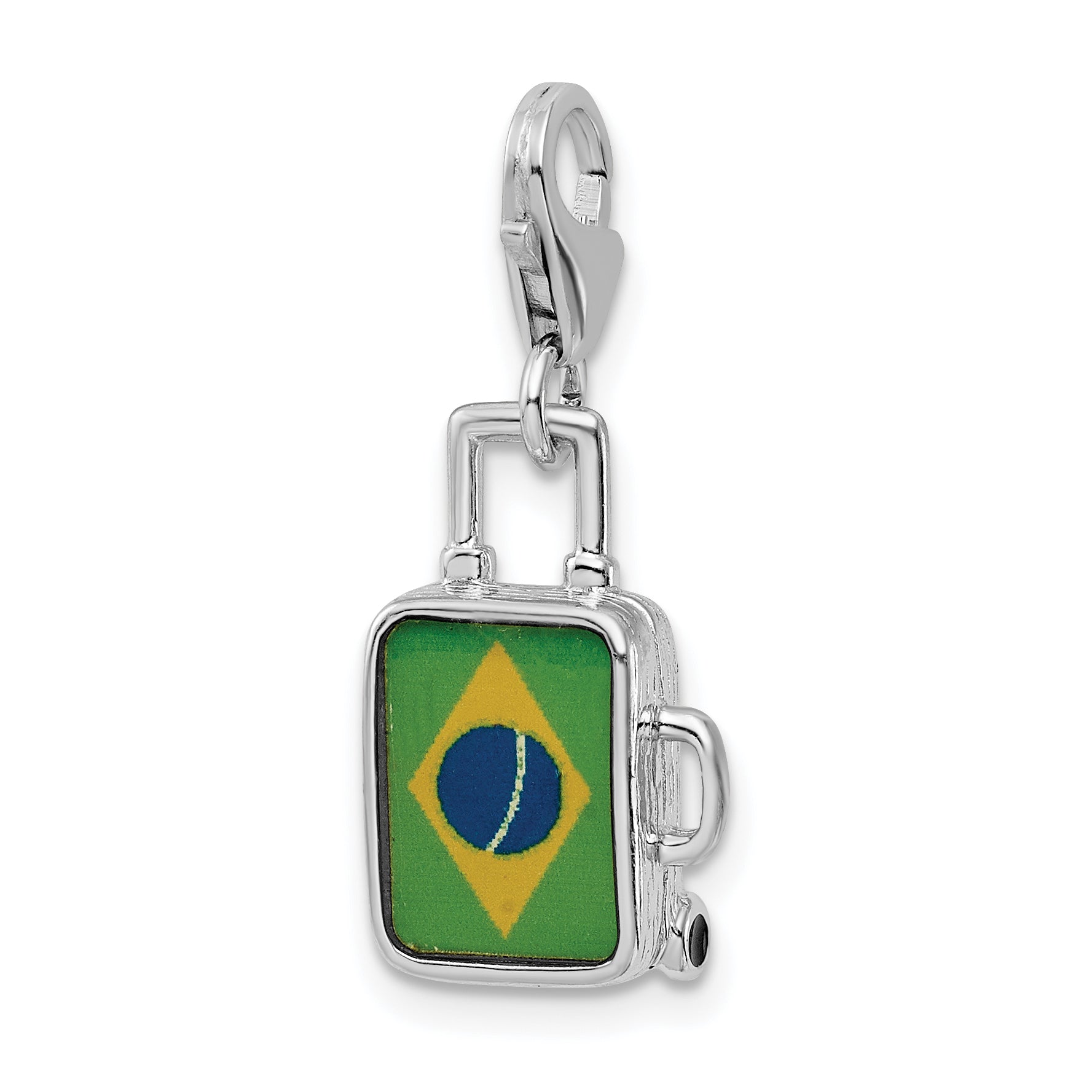 Sterling Silver Amore La Vita Rhodium-Plated Polished 3-D Enameled Brazilian Flag Suitcase Charm With Fancy Lobster Clasp