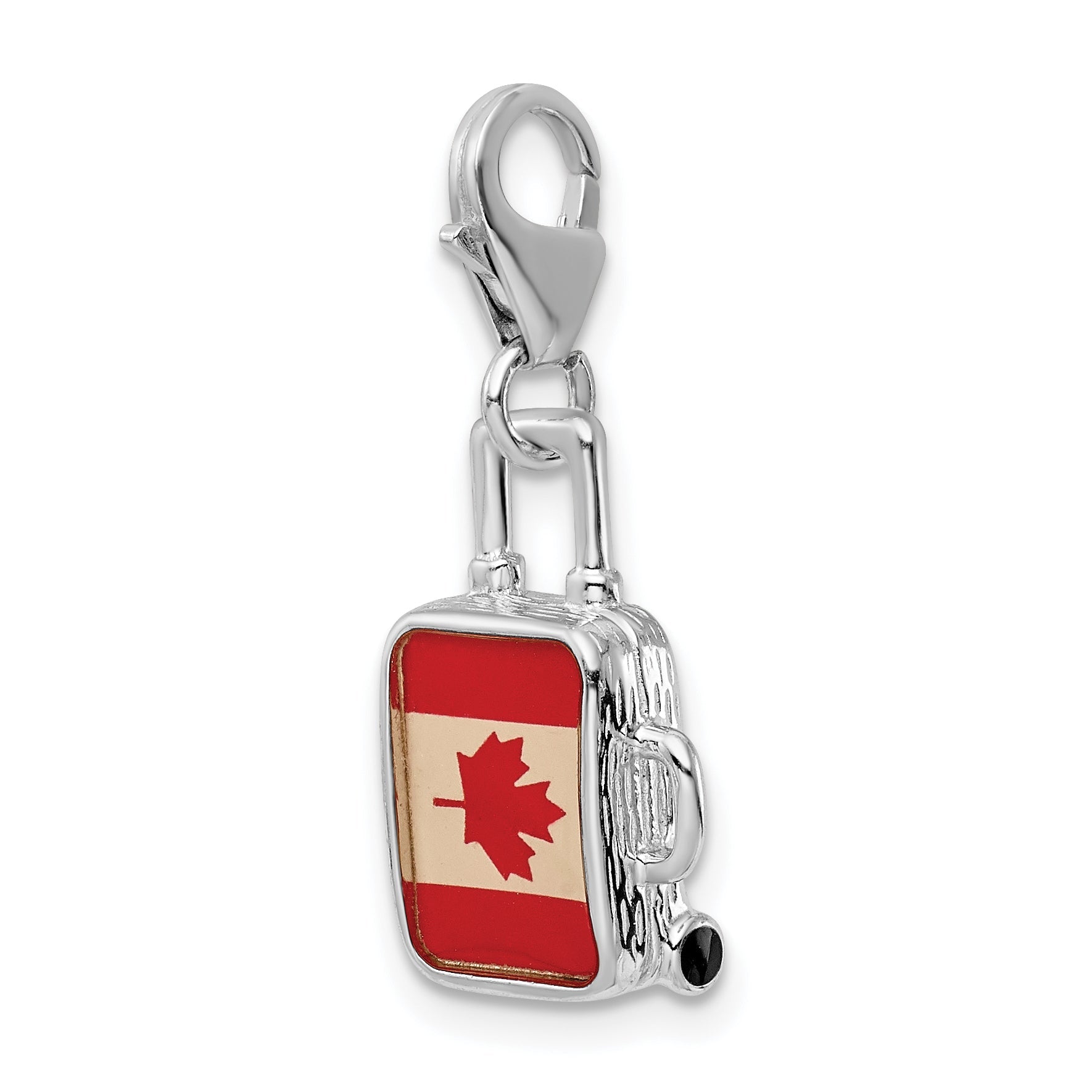 Sterling Silver Amore La Vita Rhodium-Plated Polished 3-D Enameled Canadian Flag Suitcase Charm With Fancy Lobster Clasp