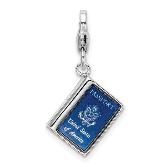 Sterling Silver Amore La Vita Rhodium-Plated Polished 3-D Enameled Passport Charm With Fancy Lobster Clasp
