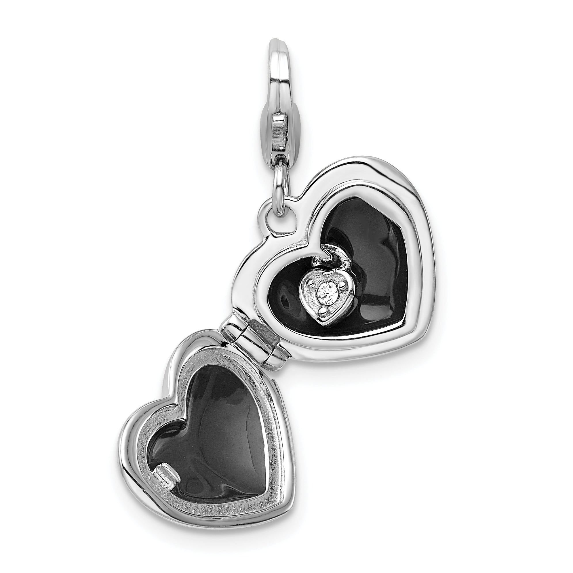 Sterling Silver Amore La Vita Rhodium-Plated Polished 3-D Enameled Cz Love Heart Locket Charm With Fancy Lobster Clasp