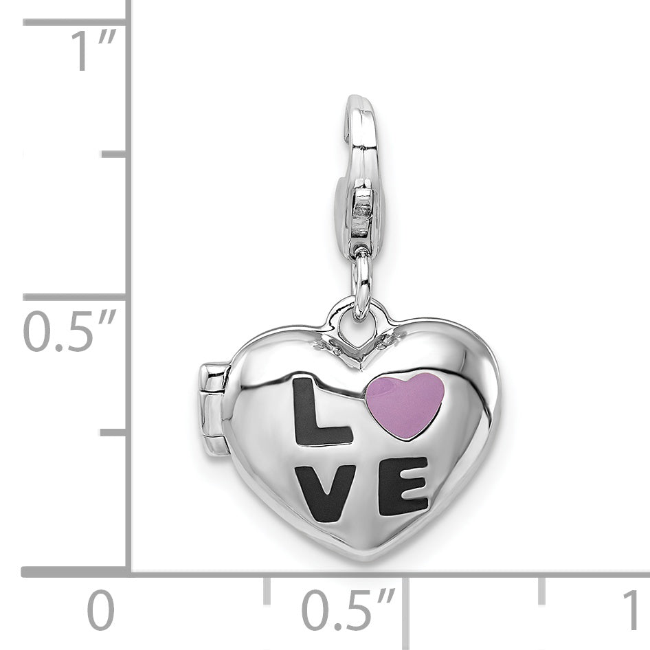 Sterling Silver Amore La Vita Rhodium-Plated Polished 3-D Enameled Cz Love Heart Locket Charm With Fancy Lobster Clasp