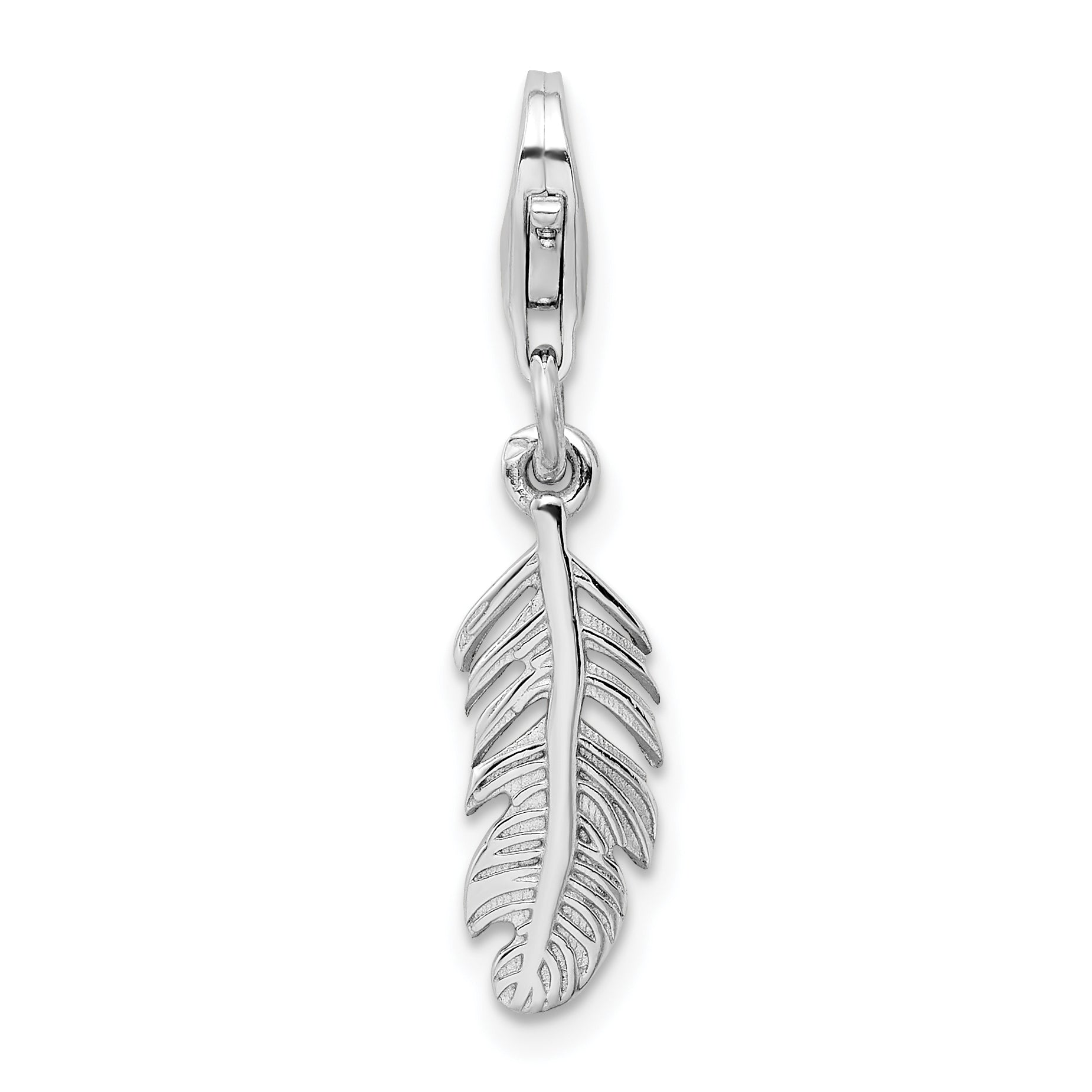 Sterling Silver Amore La Vita Rhodium-Plated Polished 3-D Feather Charm With Fancy Lobster Clasp