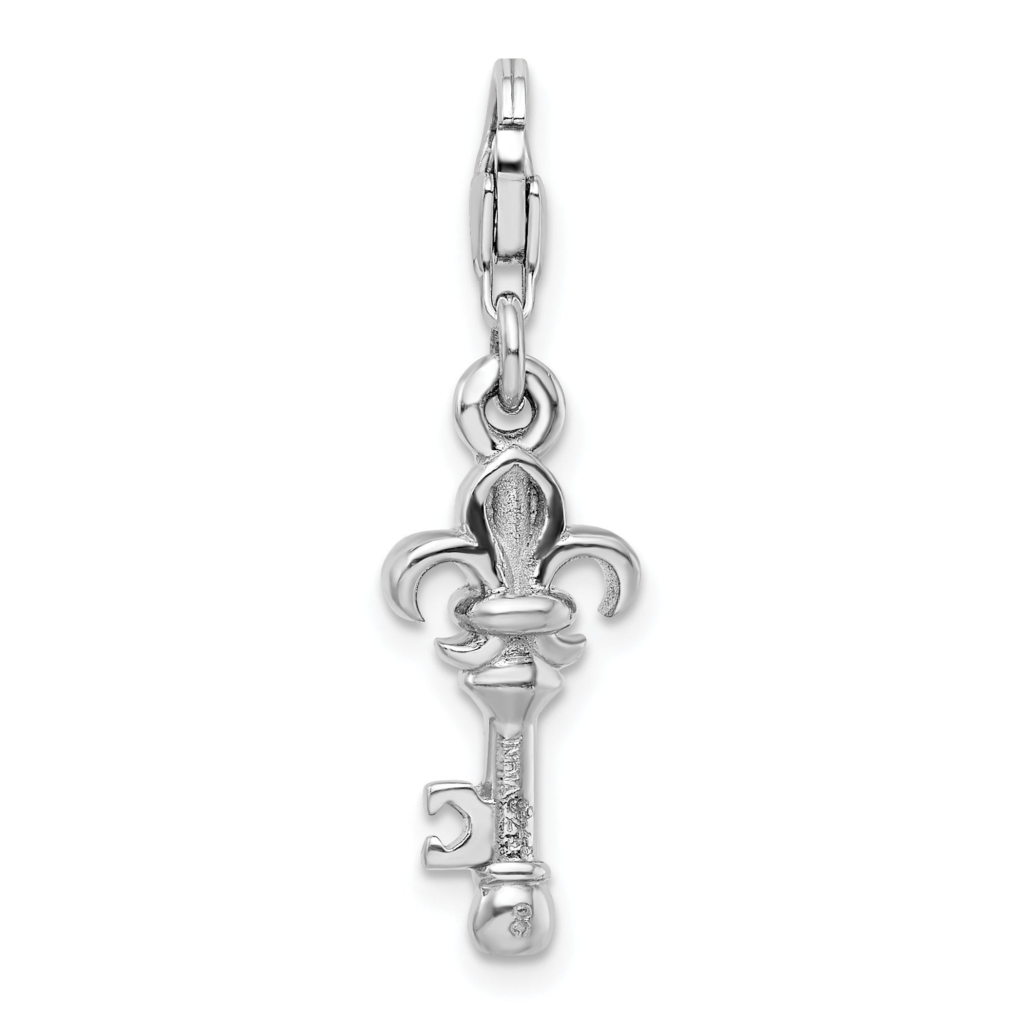 Sterling Silver Amore La Vita Rhodium-Plated Polished 3-D Fleur De Lis Key Charm With Fancy Lobster Clasp