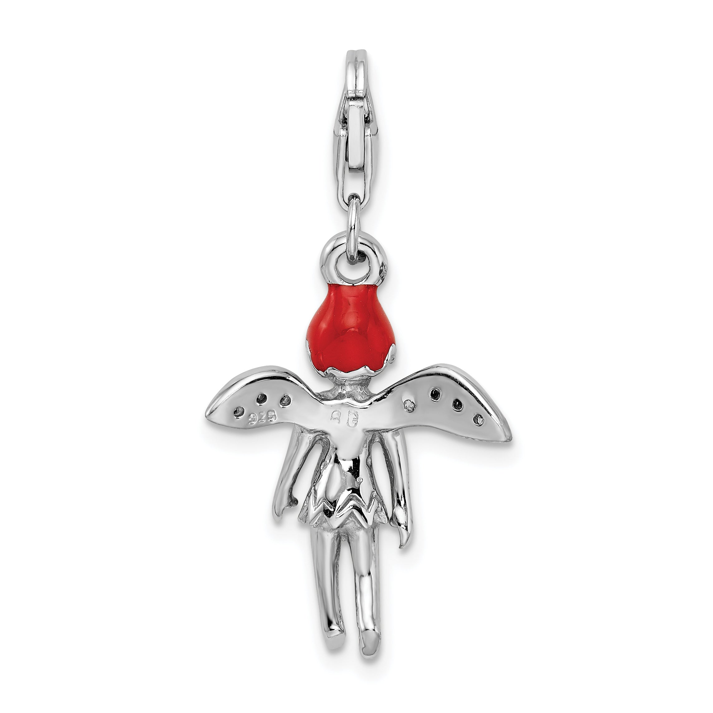 Sterling Silver Amore La Vita Rhodium-Plated Polished 3-D Enameled With Cz Fairy Charm Fancy Lobster Clasp