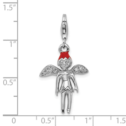 Sterling Silver Amore La Vita Rhodium-Plated Polished 3-D Enameled With Cz Fairy Charm Fancy Lobster Clasp