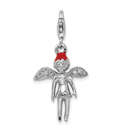 Sterling Silver Amore La Vita Rhodium-Plated Polished 3-D Enameled With Cz Fairy Charm Fancy Lobster Clasp