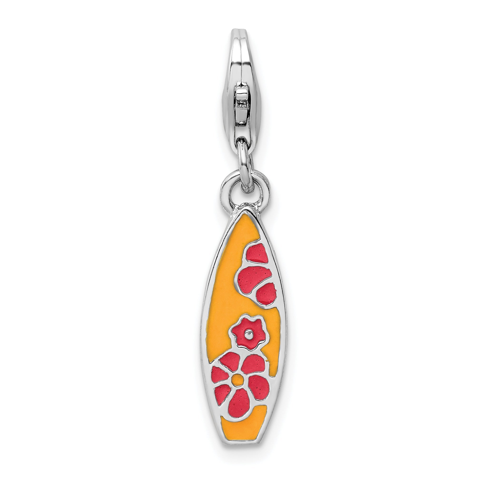 Sterling Silver Amore La Vita Rhodium-Plated Polished Enameled Surf Board With Flowers Lobster Clasp Charm
