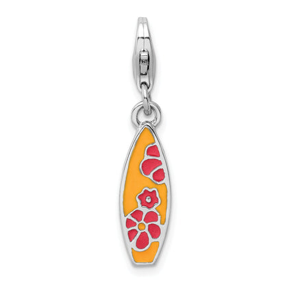 Sterling Silver Amore La Vita Rhodium-Plated Polished Enameled Surf Board With Flowers Lobster Clasp Charm