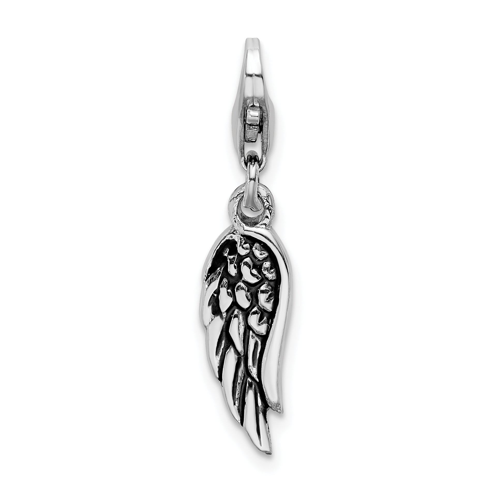 Sterling Silver Amore La Vita Rhodium-Plated Polished 3-D Oxidized Wing Charm With Fancy Lobster Clasp