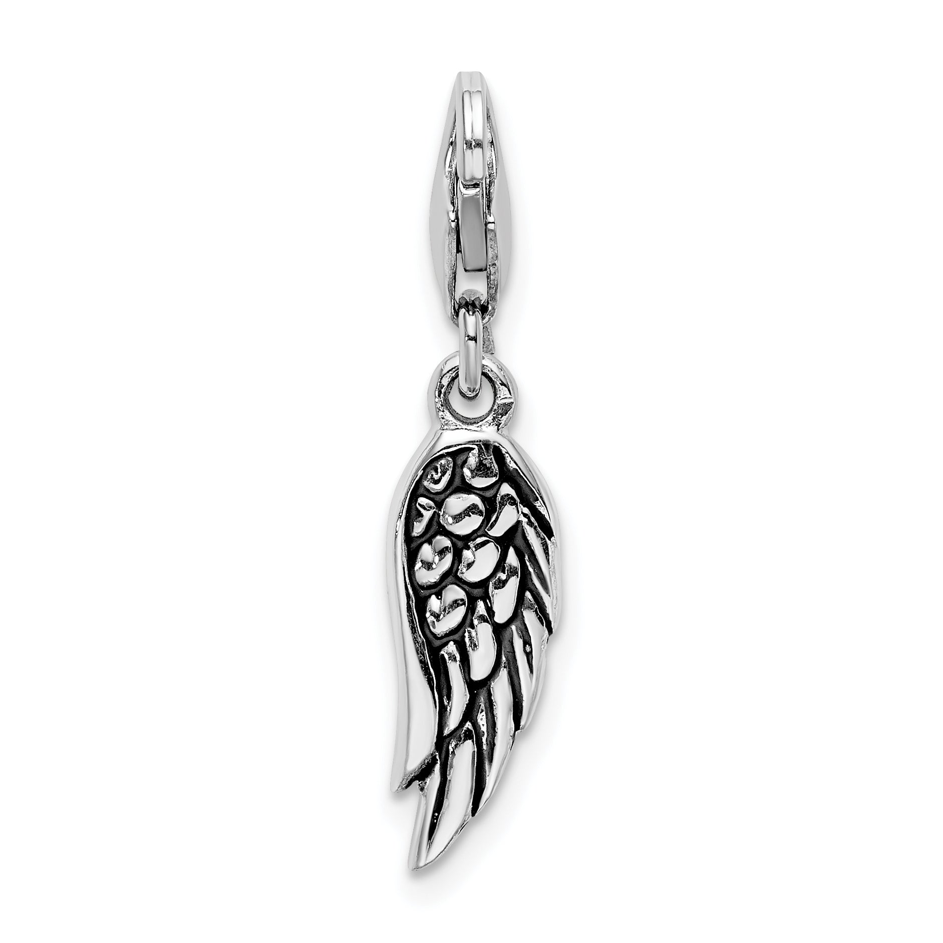 Sterling Silver Amore La Vita Rhodium-Plated Polished 3-D Oxidized Wing Charm With Fancy Lobster Clasp