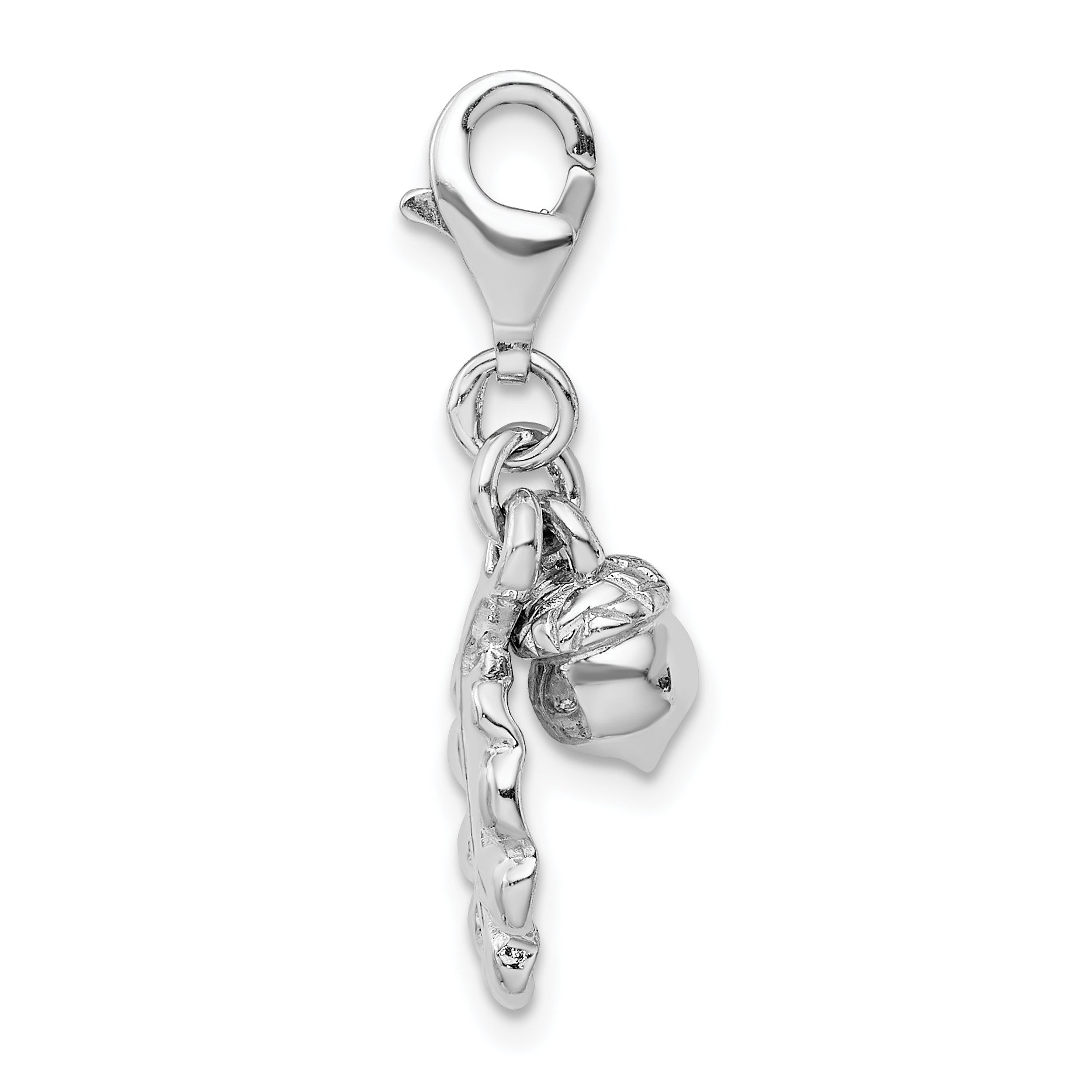Sterling Silver Amore La Vita Rhodium-Plated Polished 3-D Acorn And Leaf Charm With Fancy Lobster Clasp