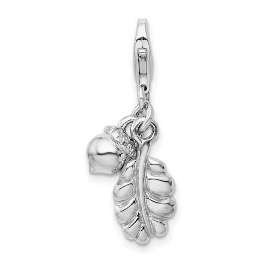 Sterling Silver Amore La Vita Rhodium-Plated Polished 3-D Acorn And Leaf Charm With Fancy Lobster Clasp