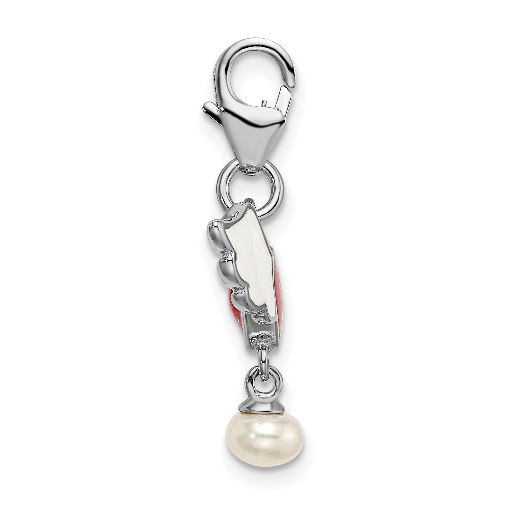 Sterling Silver Amore La Vita Rhodium-Plated Polished 3-D Winged Enameled Red Heart And Freshwater Cultured Pearl Dangle Charm With Fancy Lobster Clasp