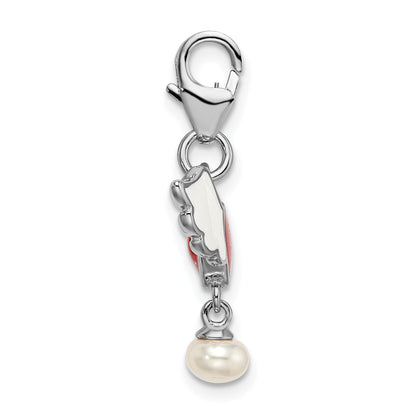 Sterling Silver Amore La Vita Rhodium-Plated Polished 3-D Winged Enameled Red Heart And Freshwater Cultured Pearl Dangle Charm With Fancy Lobster Clasp