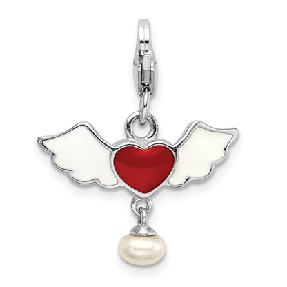 Sterling Silver Amore La Vita Rhodium-Plated Polished 3-D Winged Enameled Red Heart And Freshwater Cultured Pearl Dangle Charm With Fancy Lobster Clasp