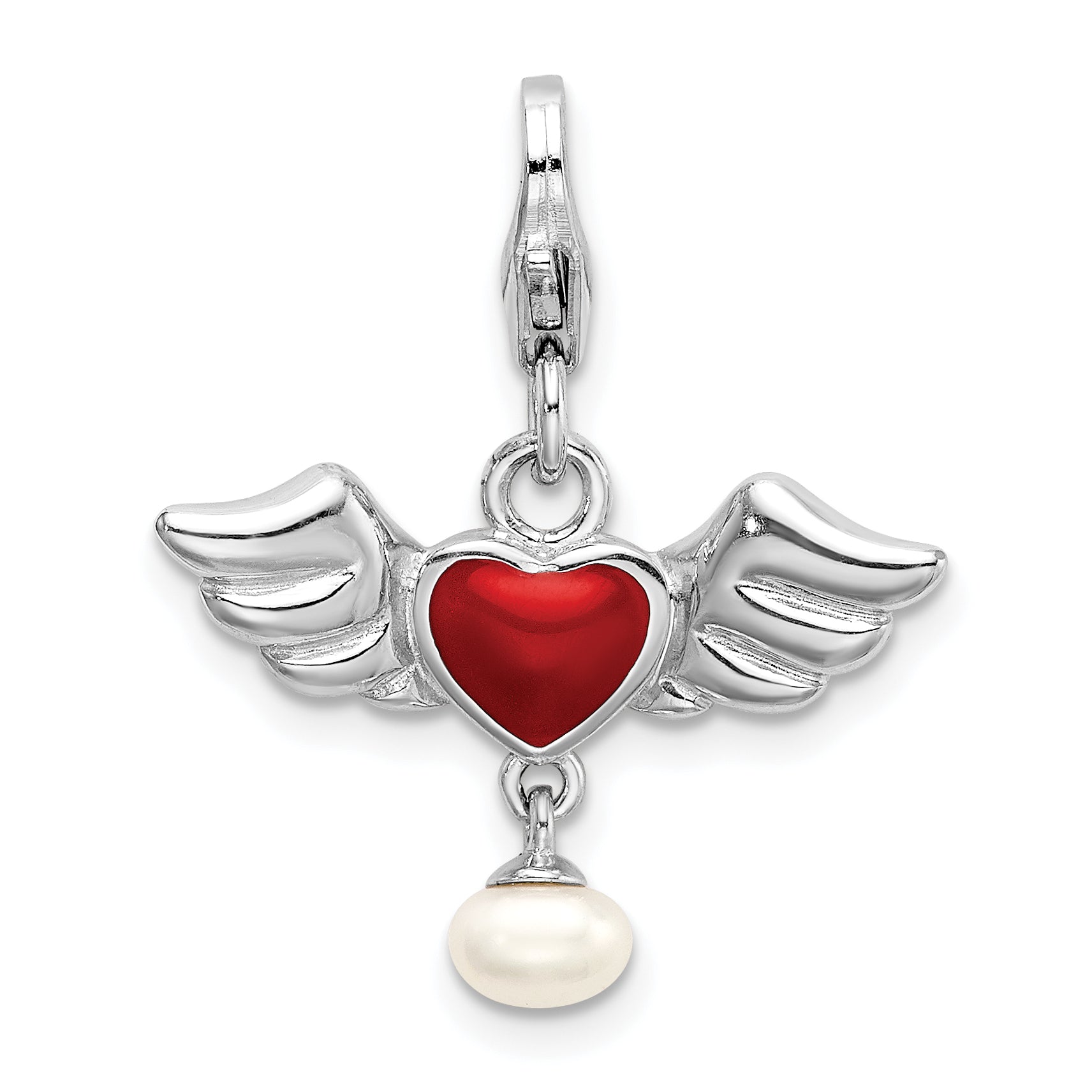 Sterling Silver Amore La Vita Rhodium-Plated Polished 3-D Winged Enameled Red Heart And Freshwater Cultured Pearl Dangle Charm With Fancy Lobster Clasp