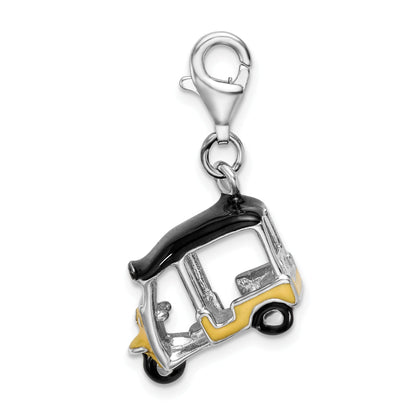 Sterling Silver Amore La Vita Rhodium-Plated 3-D Polished Enameled Yellow Golf Cart Charm With Fancy Lobster Clasp