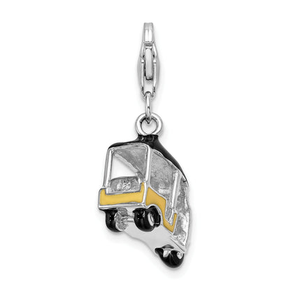Sterling Silver Amore La Vita Rhodium-Plated 3-D Polished Enameled Yellow Golf Cart Charm With Fancy Lobster Clasp