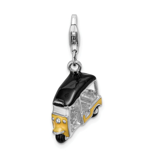 Sterling Silver Amore La Vita Rhodium-Plated 3-D Polished Enameled Yellow Golf Cart Charm With Fancy Lobster Clasp