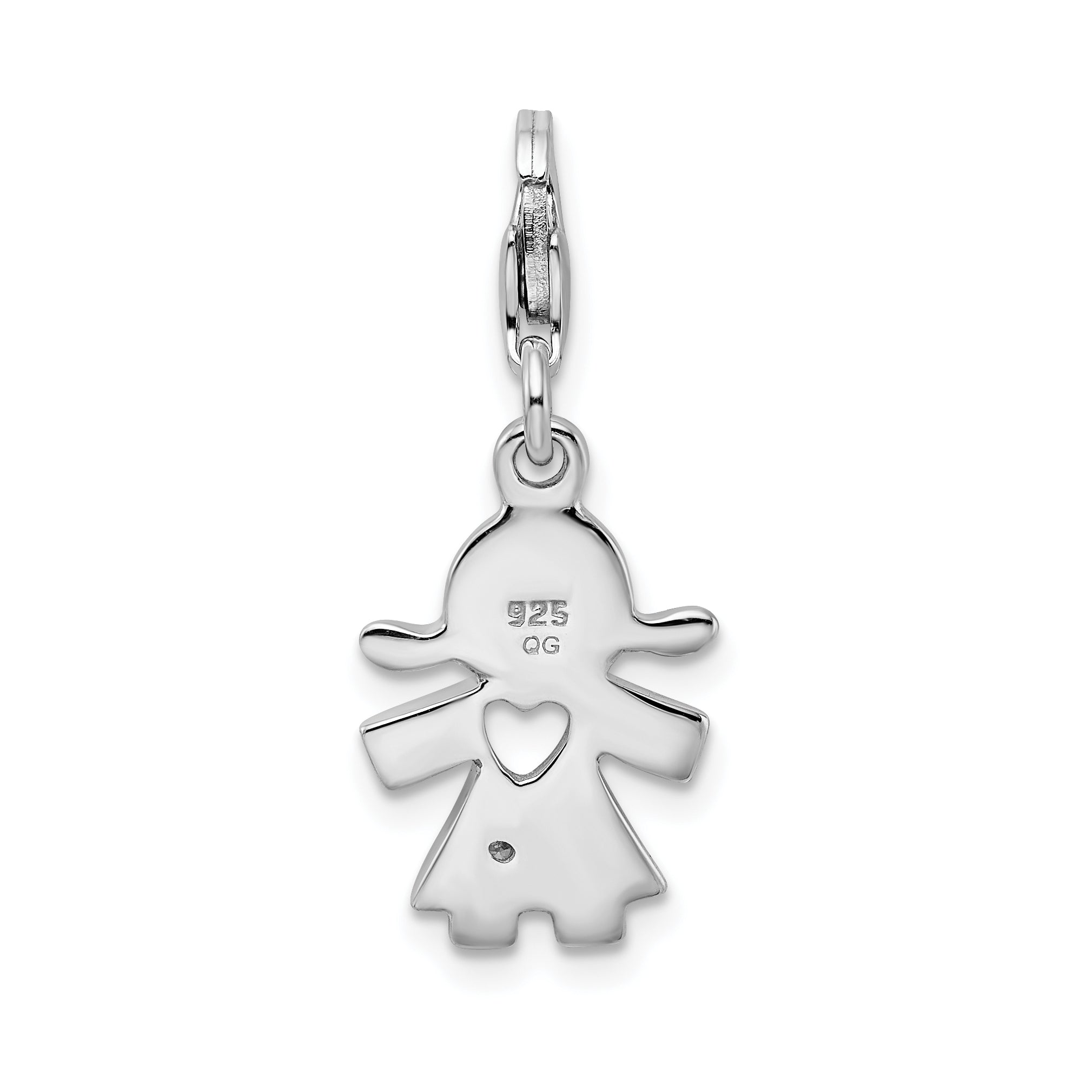 Sterling Silver Amore La Vita Rhodium-Plated Polished Cz Little Girl With Cut-Out Heart Charm Fancy Lobster Clasp