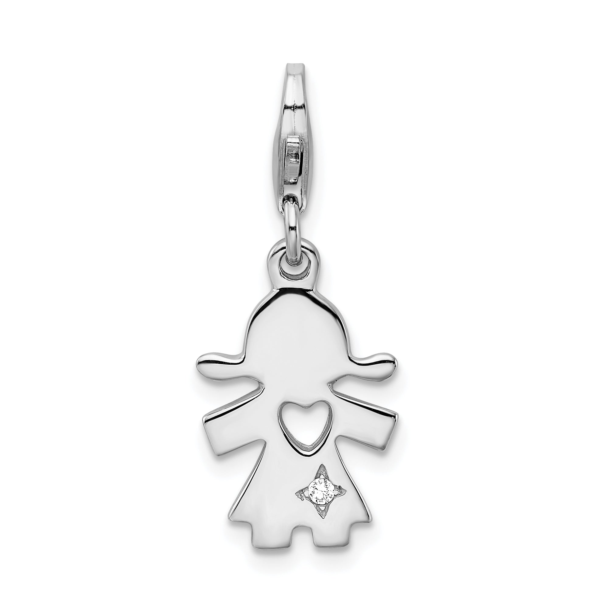 Sterling Silver Amore La Vita Rhodium-Plated Polished Cz Little Girl With Cut-Out Heart Charm Fancy Lobster Clasp