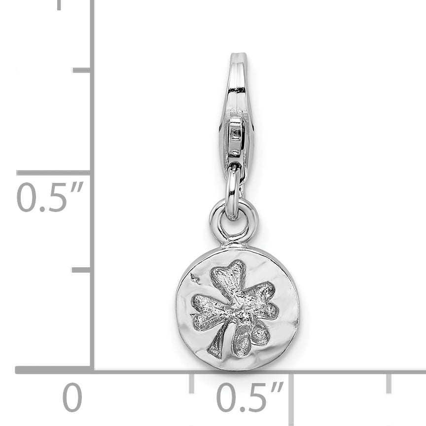 Sterling Silver Amore La Vita Rhodium-Plated Polished Hammered Four Leaf Clover Charm With Fancy Lobster Clasp