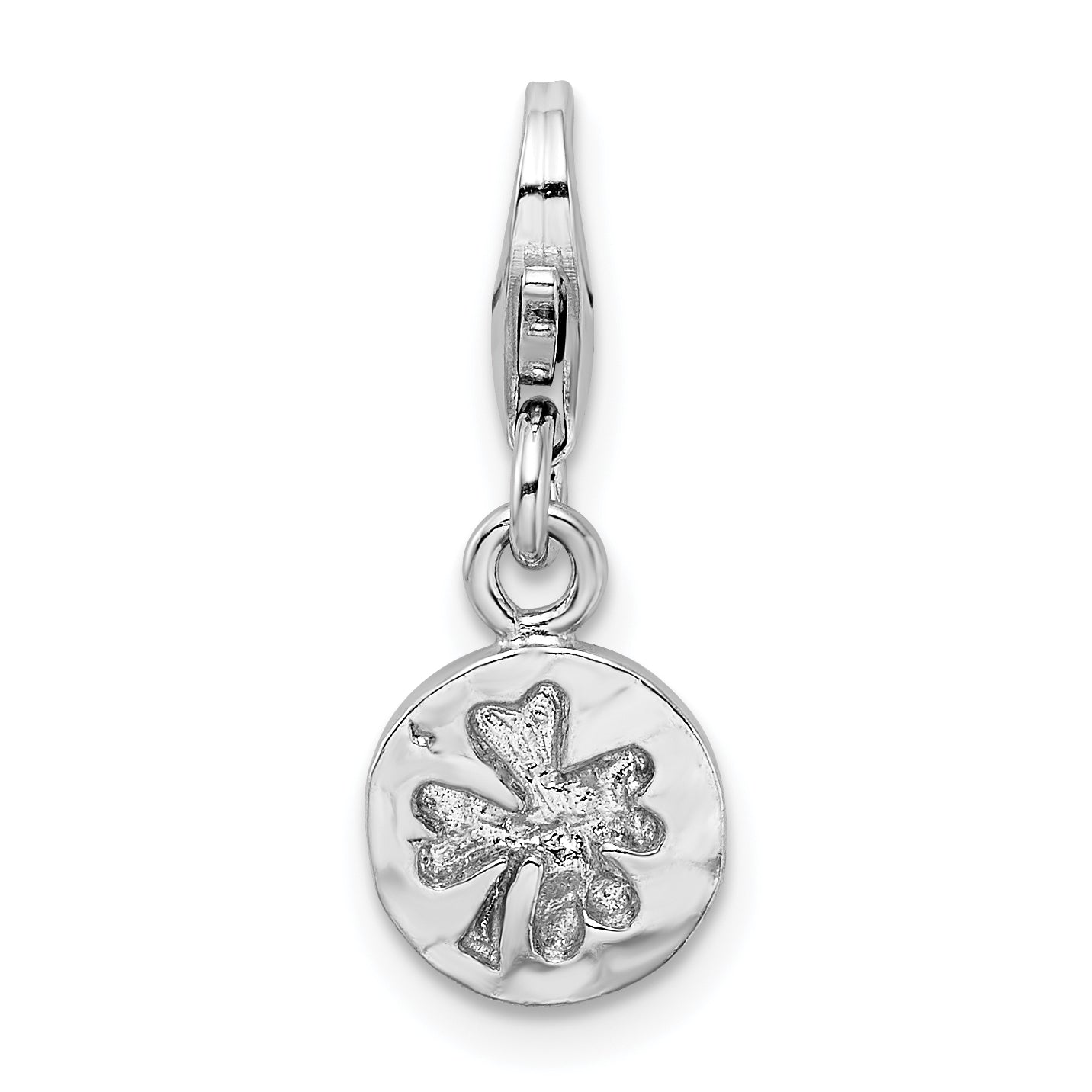 Sterling Silver Amore La Vita Rhodium-Plated Polished Hammered Four Leaf Clover Charm With Fancy Lobster Clasp